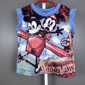 Y2K Disney Mickey Minnie Plane Top Youth 10/12 Vintage 2000s Ruffle Sleeve Shirt